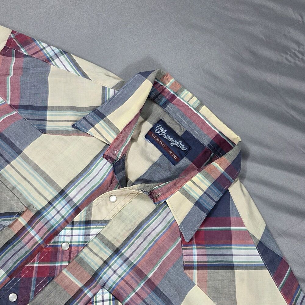 VTG Wrangler X-Long Tails Pearl Snap Button Up Shirt Western Plaid SZ 19 Tall
